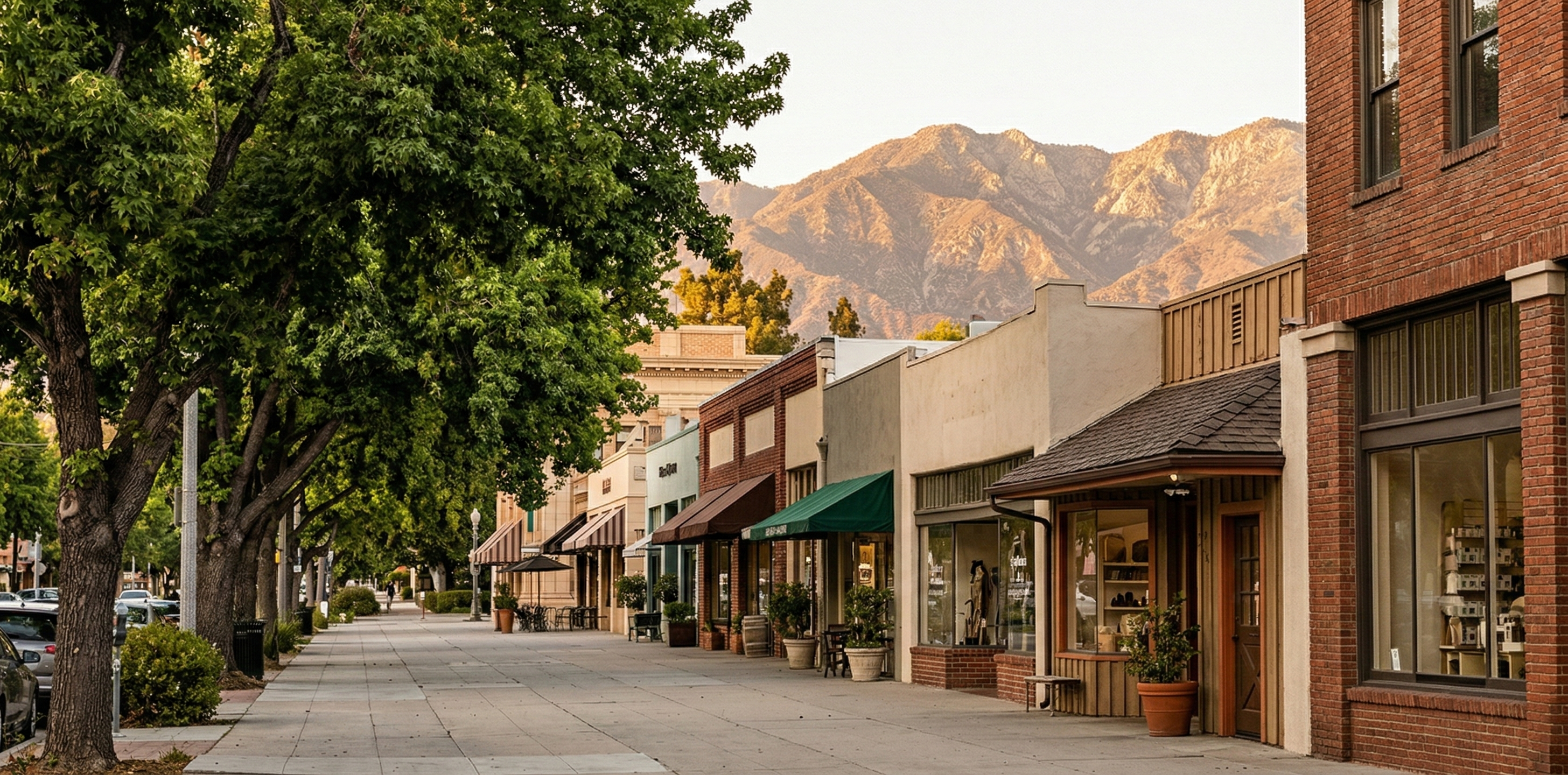 Tree-lined street in Claremont Village, California with the San Gabriel Mountains in the background