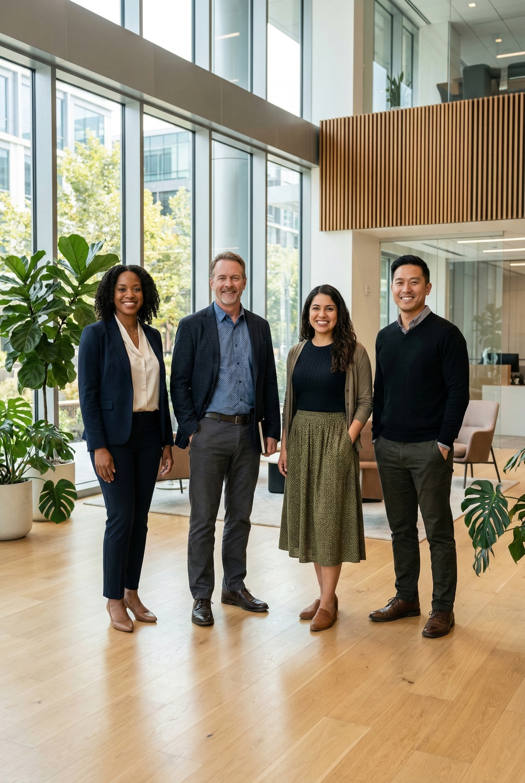 Group of confident California employees standing together in a modern workplace